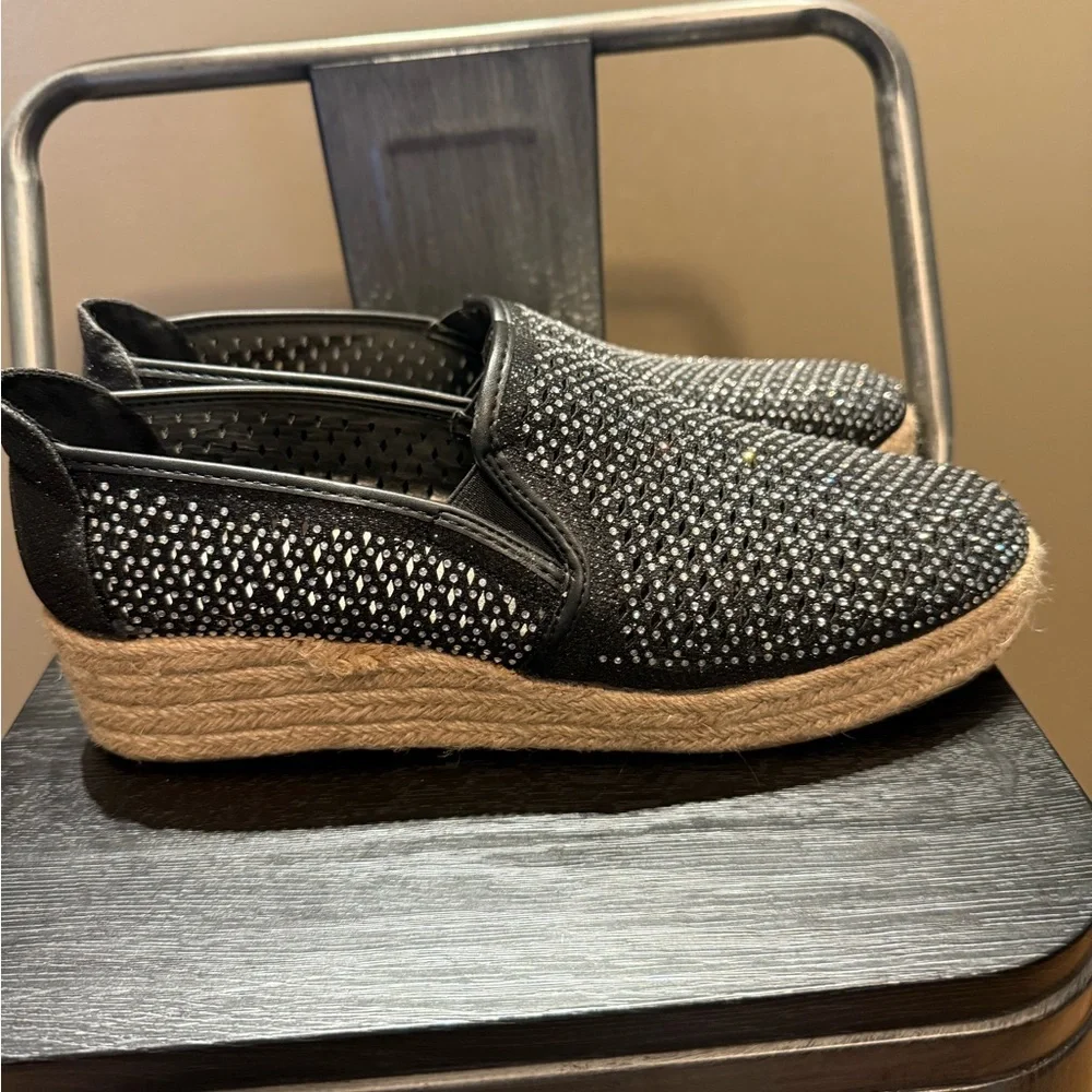 Andiamo Black Rhinestone Studded Espadrille Slip On Flats Womens Size 11 - Picture 2 of 12